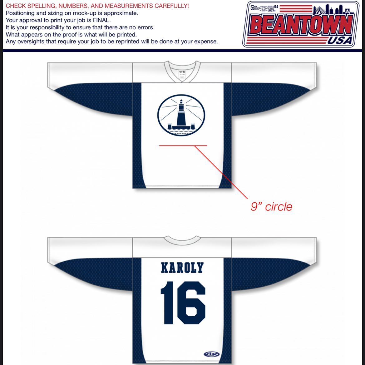 Here’s an example of what an order mock-up looks like! These hockey jerseys are going to be worn on the ice by the Alexandria Real Estate Equities team!